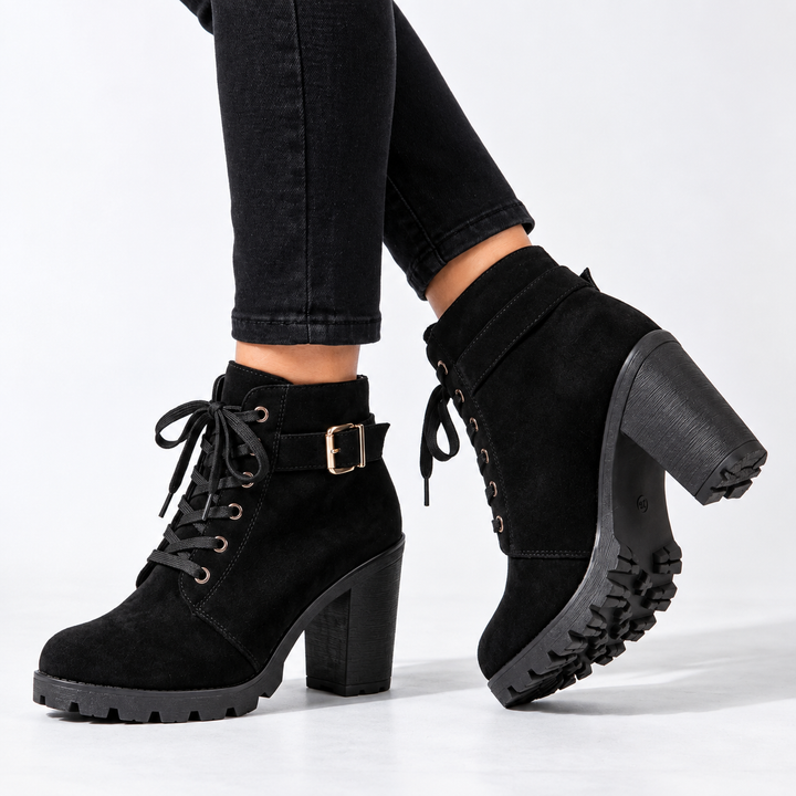 Katni | Botines elegantes gruesos con cordones y hebilla metálica.