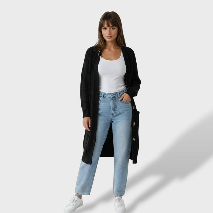 Clara | Cárdigan de punto largo para mujer con botones y bolsillos