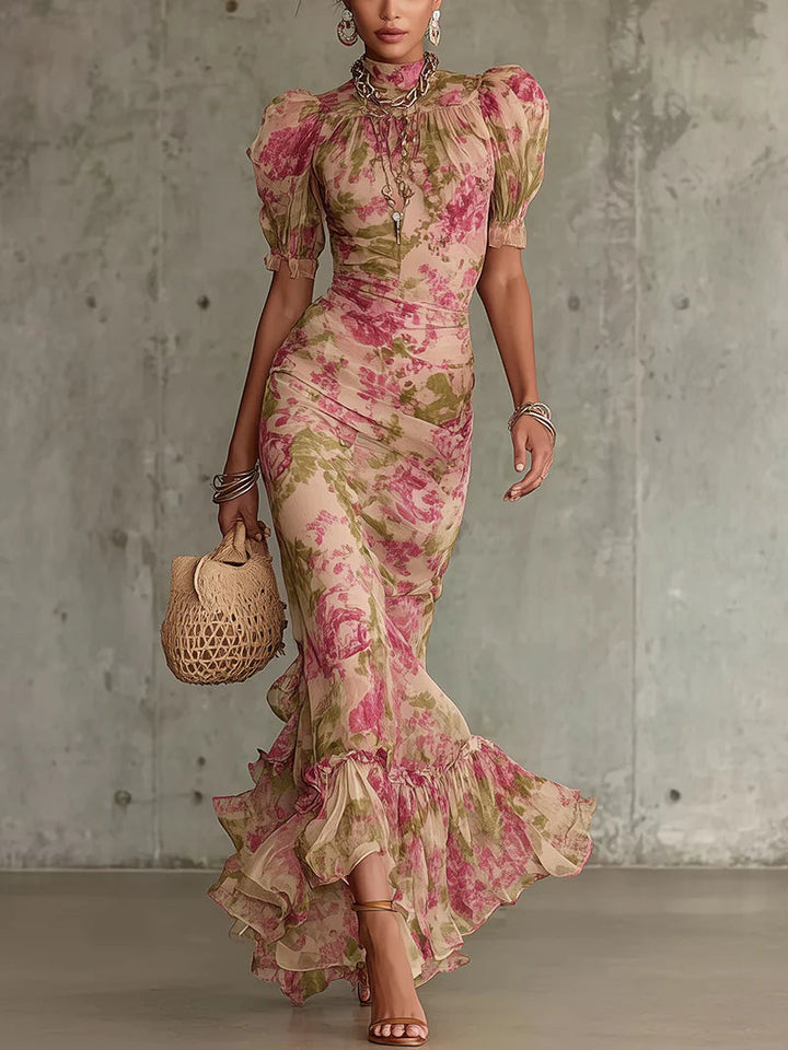 Amandine | Vestido largo floral con mangas abullonadas