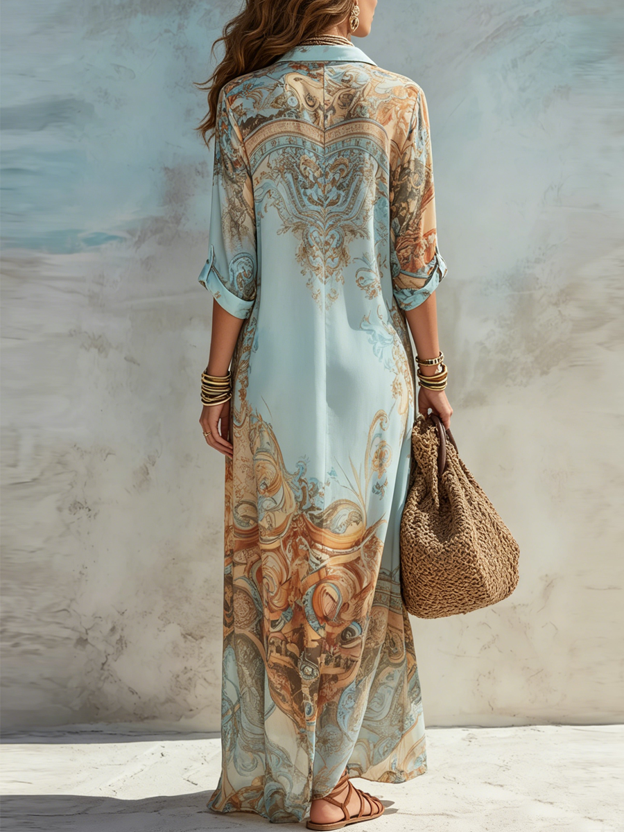 Violette | Vestido camisero largo con estampado azul mediterráneo