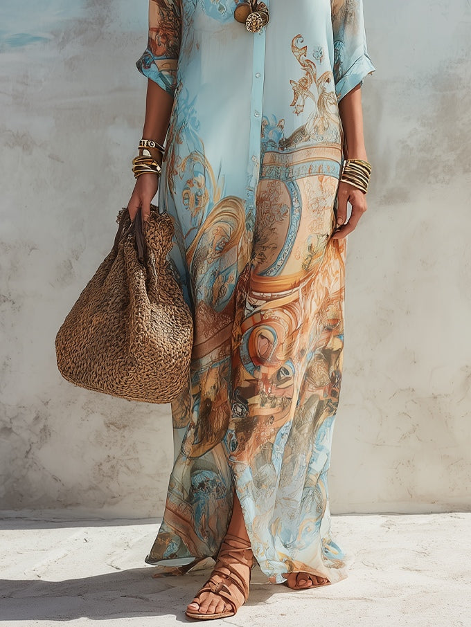 Violette | Vestido camisero largo con estampado azul mediterráneo