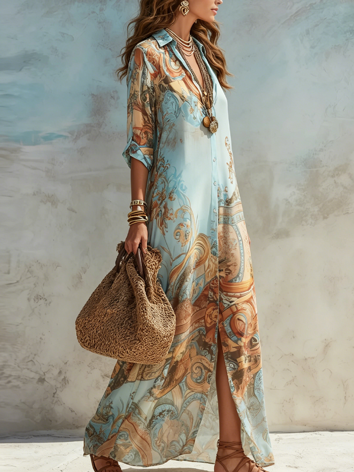 Violette | Vestido camisero largo con estampado azul mediterráneo
