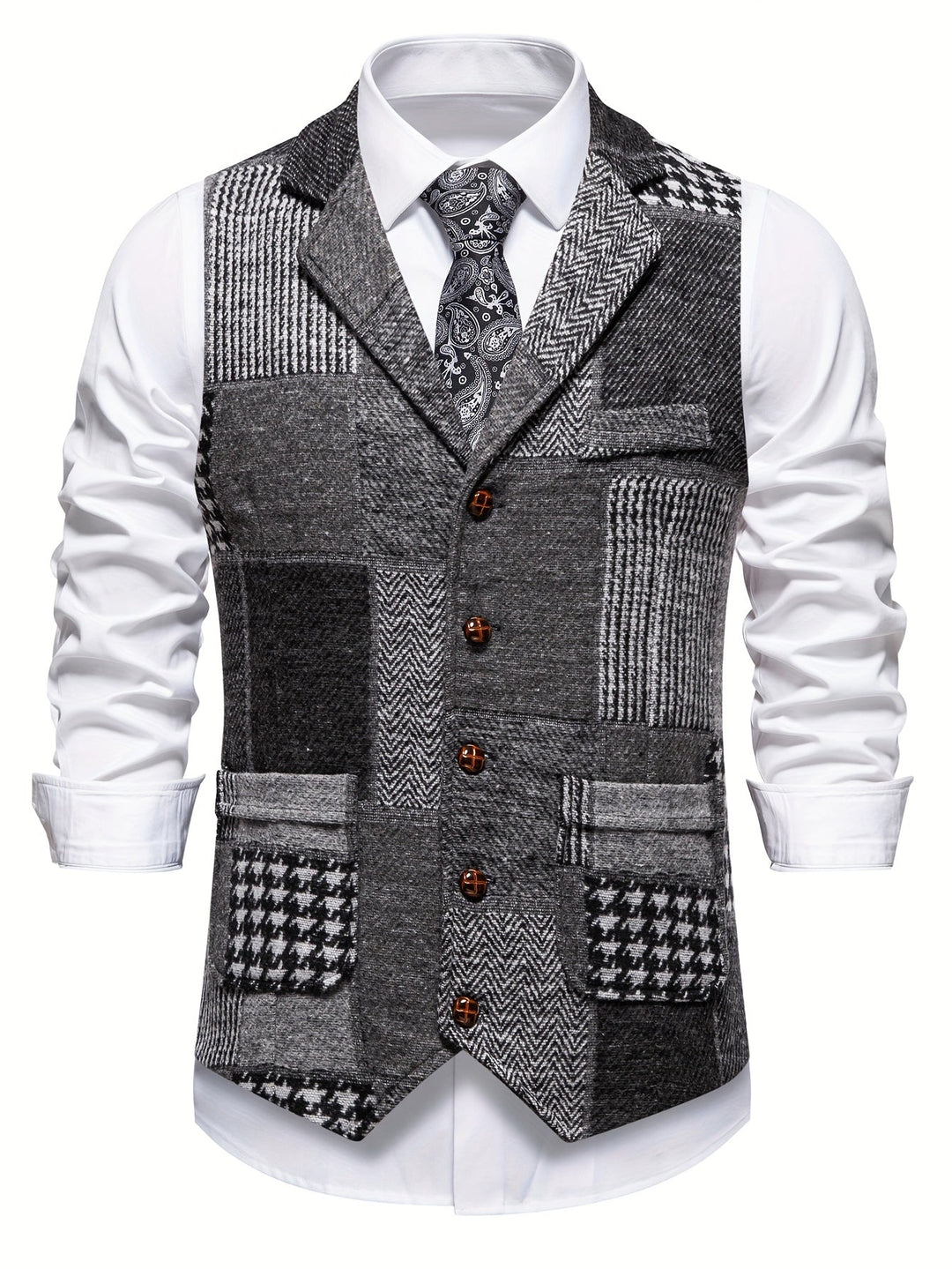 Leo | Chaleco de Tweed Patchwork con Patrón Espiga